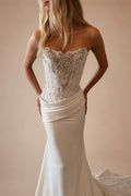 Luxury White Strapless Beaded Fringe Bodice Satin Mermaid Wedding Dress ZP091