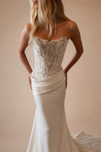 Luxury White Strapless Beaded Fringe Bodice Satin Mermaid Wedding Dress ZP091