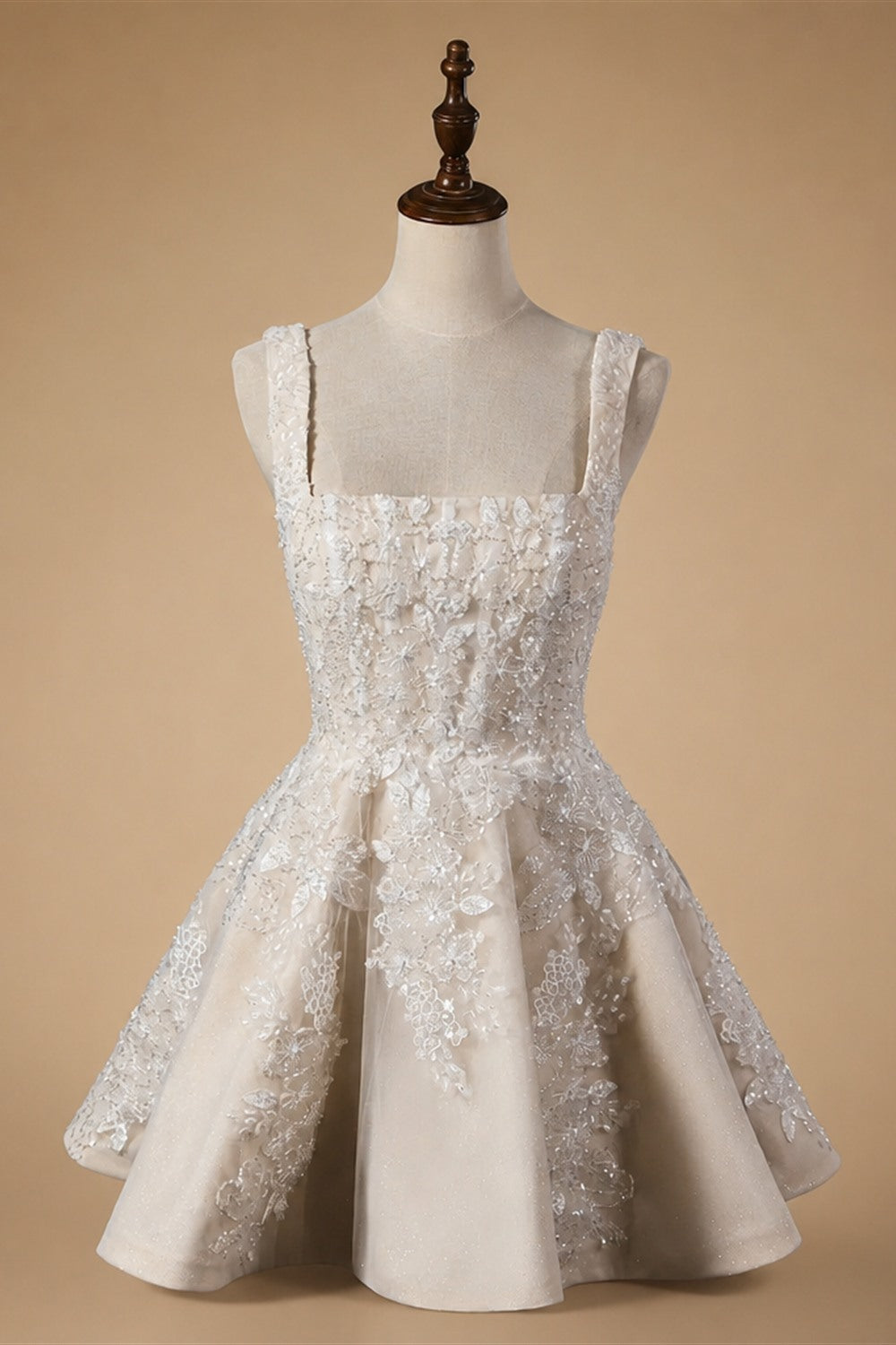 Romantic Champagne Sleeveless A-Line Short Wedding Dress with Deep V Back ZP046