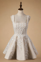 Romantic Champagne Sleeveless A-Line Short Wedding Dress with Deep V Back ZP046
