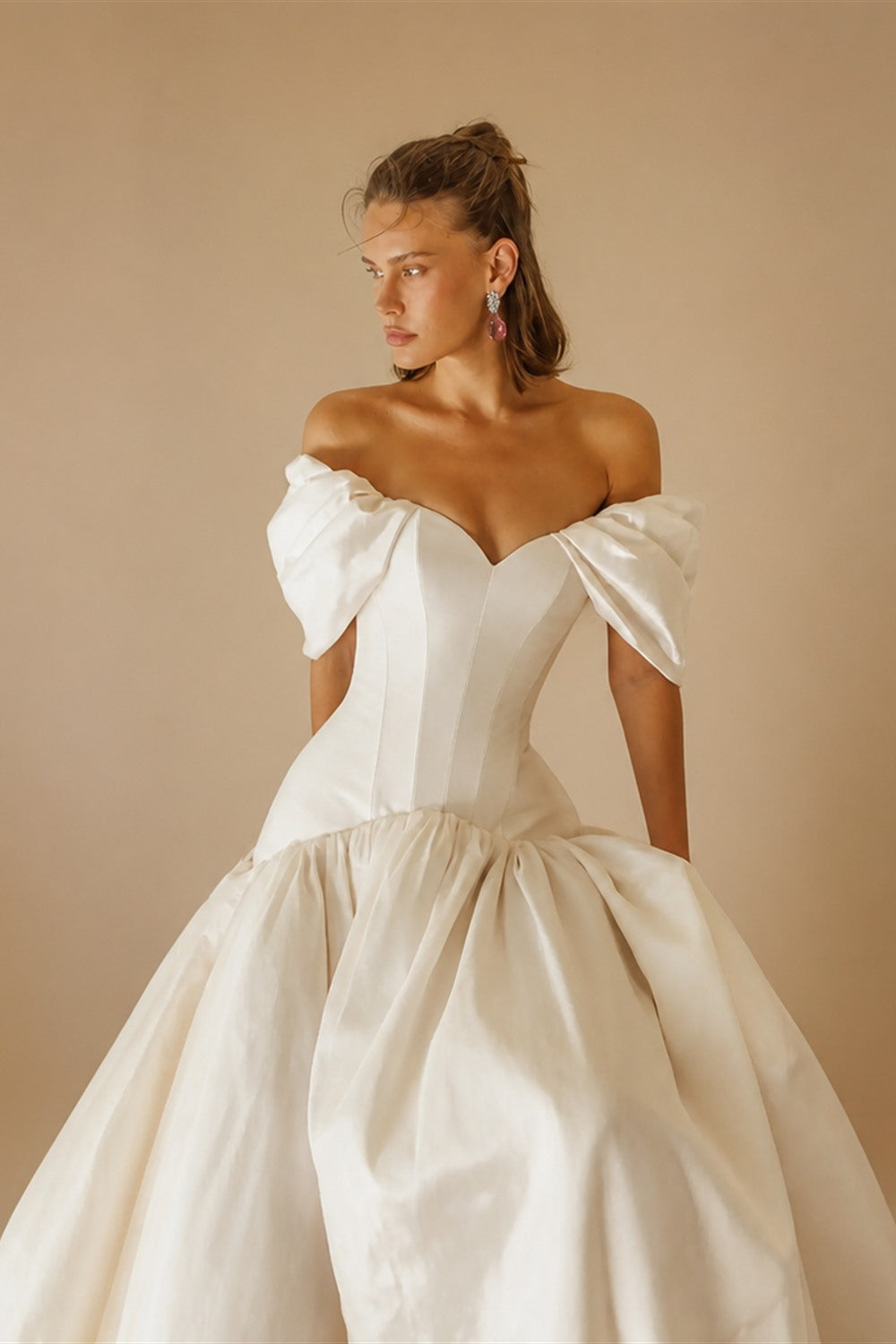 Romantic White Satin Off-the-Shoulder Puff Sleeve Ball Gown Wedding Dress ZP113
