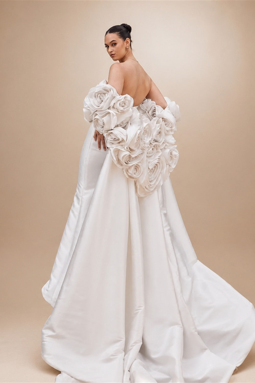 Ivory  Satin Mermaid Wedding Dress 3D Giant Rose Floral With Veil  ZP034