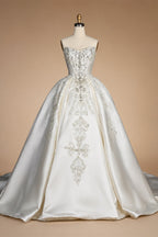 White Satin Strapless Ball Gown Wedding Dress with Luxurious Beaded Lace and Cathedral Train ZP016
