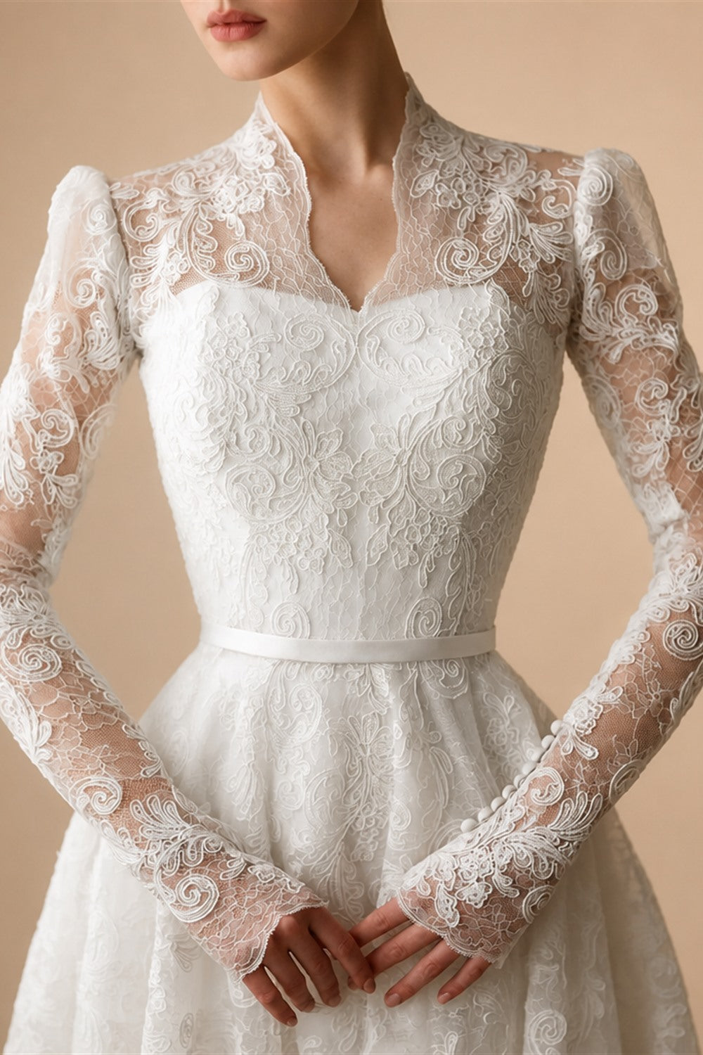 Elegant Printed Lace High Neck Wedding Dress with Train ZP171