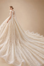 Supper Gorgeous Shiny Crystal Lace Ball Gown Wedding Dress Wih Chapel Train V-neck Bow Shoulder Princess Bridal Dresses