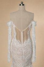 Bohemian Ivory Off-the-Shoulder Sheer Lace Mermaid Wedding Dress with Veil ZP128