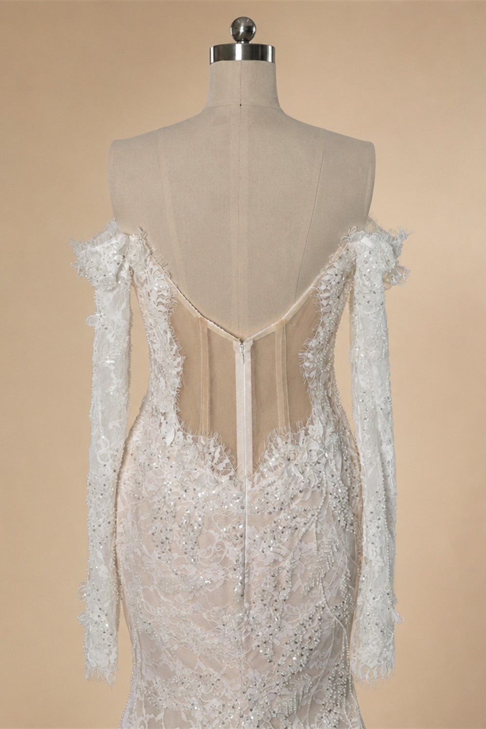 Bohemian Ivory Off-the-Shoulder Sheer Lace Mermaid Wedding Dress with Veil ZP128