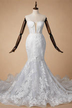 Glamorous White Sweetheart Neckline Mermaid Wedding Dress with Detachable Tulle Sleeves ZP056