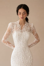Elegant Ivory Lace High Neck Long Sleeve Train Mermaid Wedding Dress with Veil ZP108