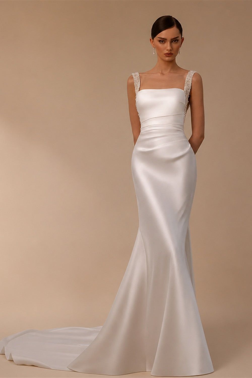 Luxury White Satin Beaded Overlay Mermaid Train Wedding Dress ZP130