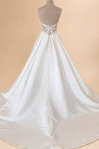 Simple White Satin A Line Wedding Dress Sleeveless Sweetheart Gown
