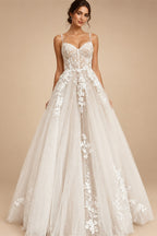 Princess Lace Wedding Dress Bridal Robe 2024 Vestido Spaghetti Straps Chapel Train Champagne Tulle Wedding Gown (ZD02147)