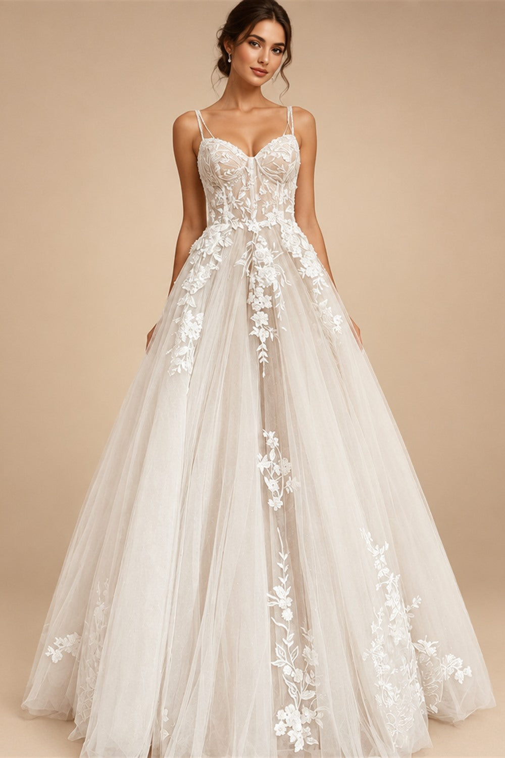 Princess Lace Wedding Dress Bridal Robe 2024 Vestido Spaghetti Straps Chapel Train Champagne Tulle Wedding Gown (ZD02147)