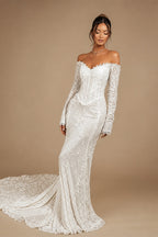 White Off the Shoulder Long Sleeve Lace Mermaid Wedding Dress