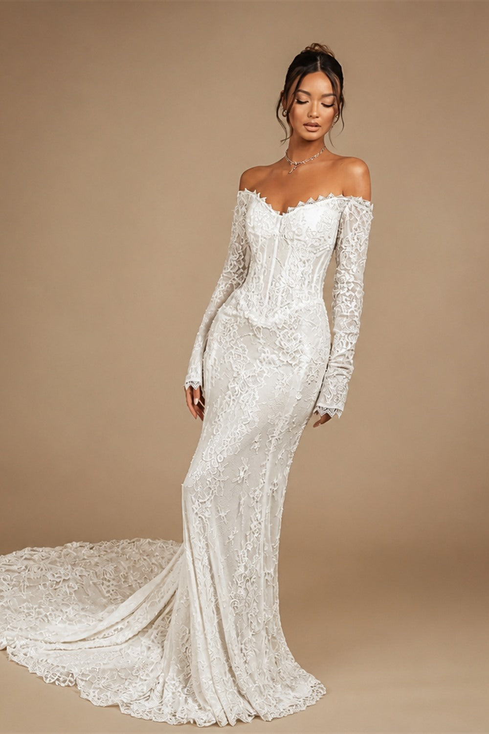 White Off the Shoulder Long Sleeve Lace Mermaid Wedding Dress