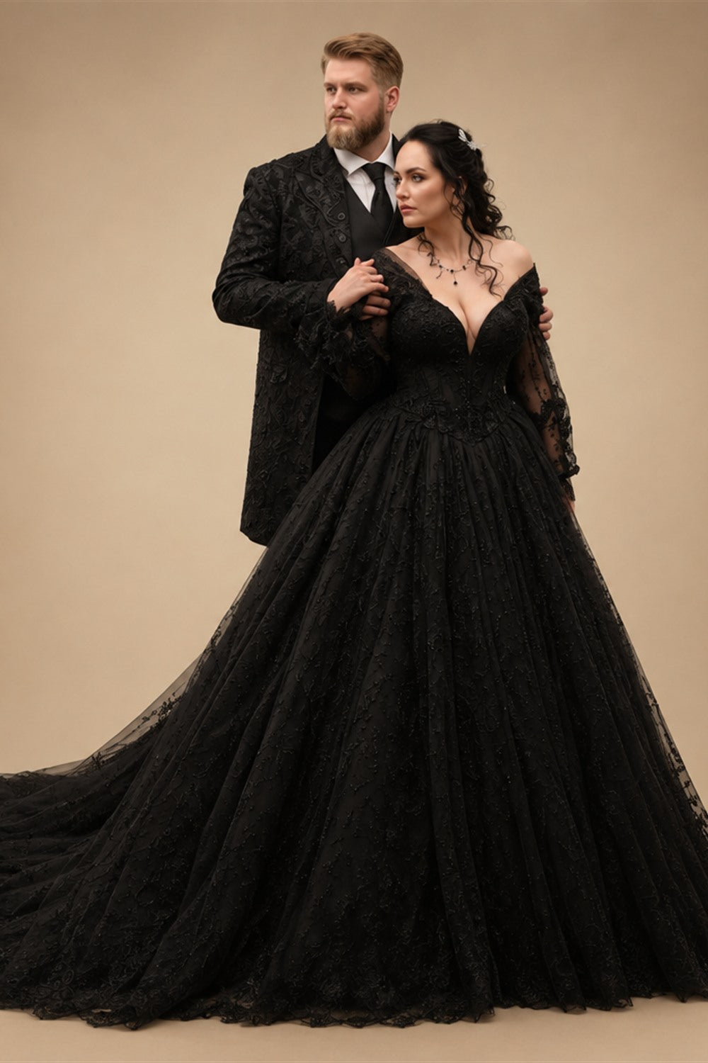 Black Luxury Gothic Wedding Dress 3D Floral Corset Tulle Ball Gown With Train  ZP201