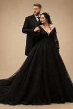 Black Luxury Gothic Wedding Dress 3D Floral Corset Tulle Ball Gown With Train  ZP201