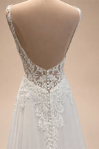 Custom Boho Chiffon Wedding Dress Long Open Back V Neck Lace Appliques Gown