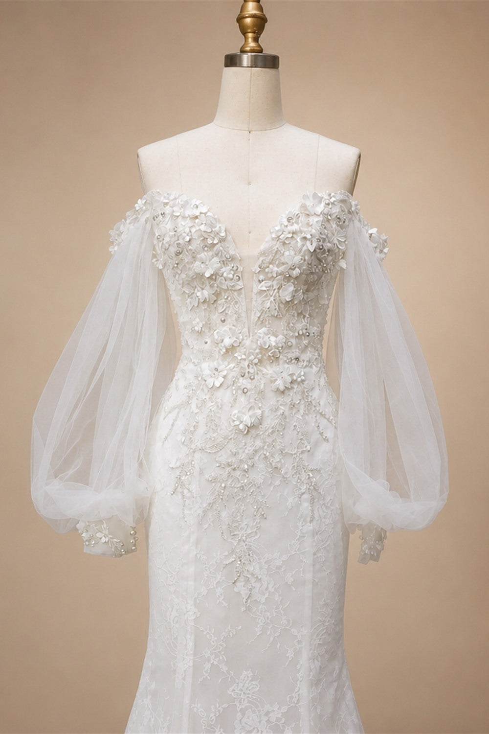 White  Off‑The‑Shoulder Puff Sleeve 3D Floral Mermaid Wedding Dress ZP005