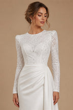 Ivory Minimalist Modest Mermaid Beaded Satin Wedding Dress  Sweep Train ZP031