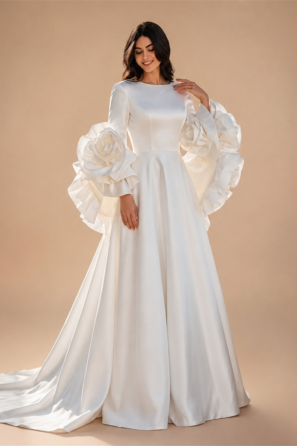 Ivory  Romantic A-Line Satin Wedding Dress 3D Rose Floral With Veil  ZP033