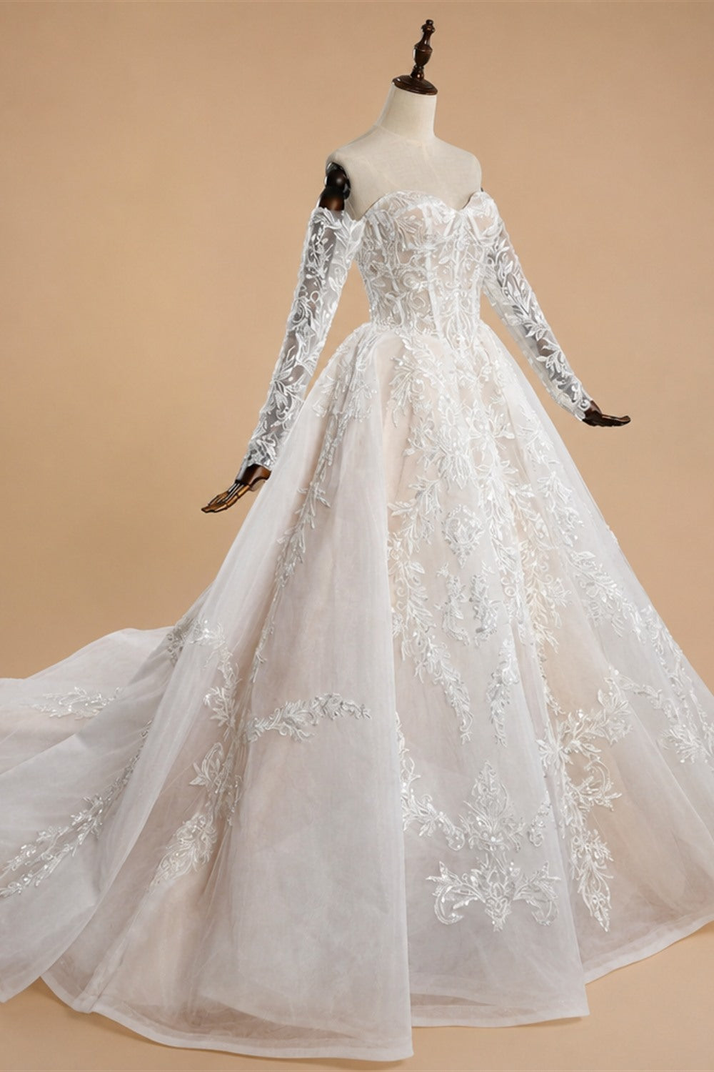 Elegant Ivory Strapless Corset Lace Tulle Bridal Gown Wedding Dress with Long Detachable Sleeves ZP067