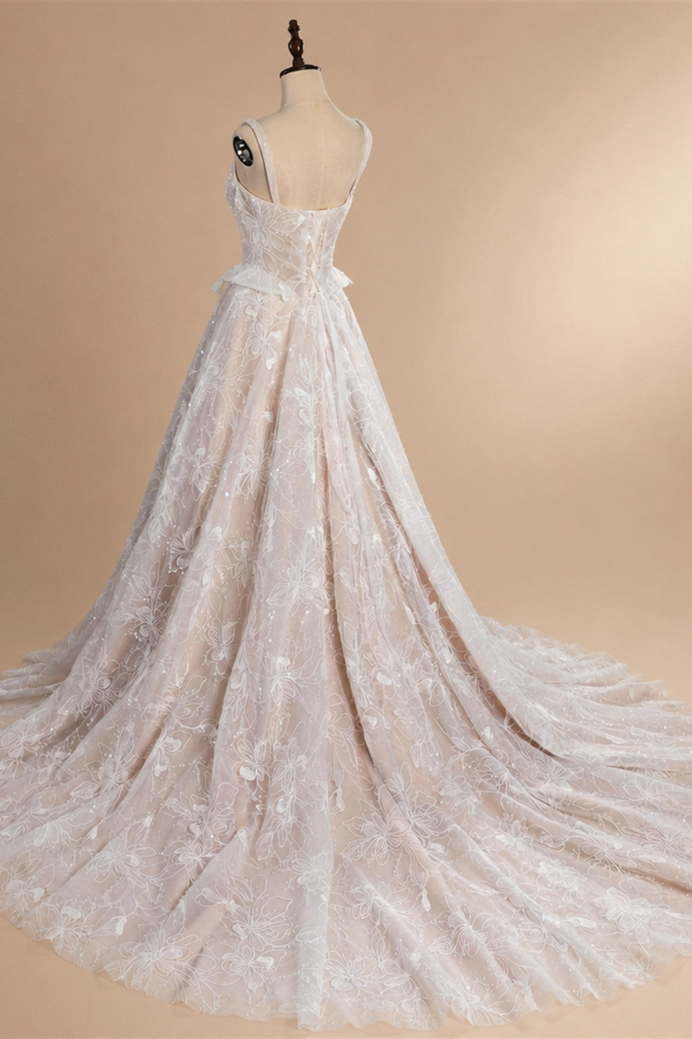 Luxury Ivory Square Neck Corset Lace Tulle A-Line Wedding Dress with Train ZP064