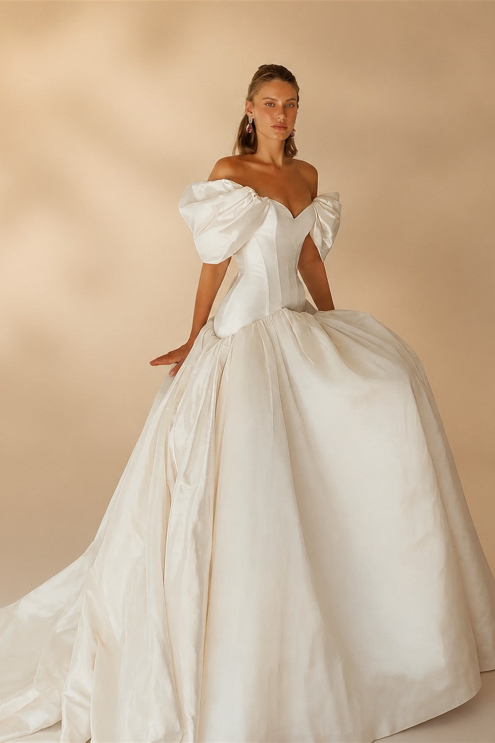 Romantic White Satin Off-the-Shoulder Puff Sleeve Ball Gown Wedding Dress ZP113