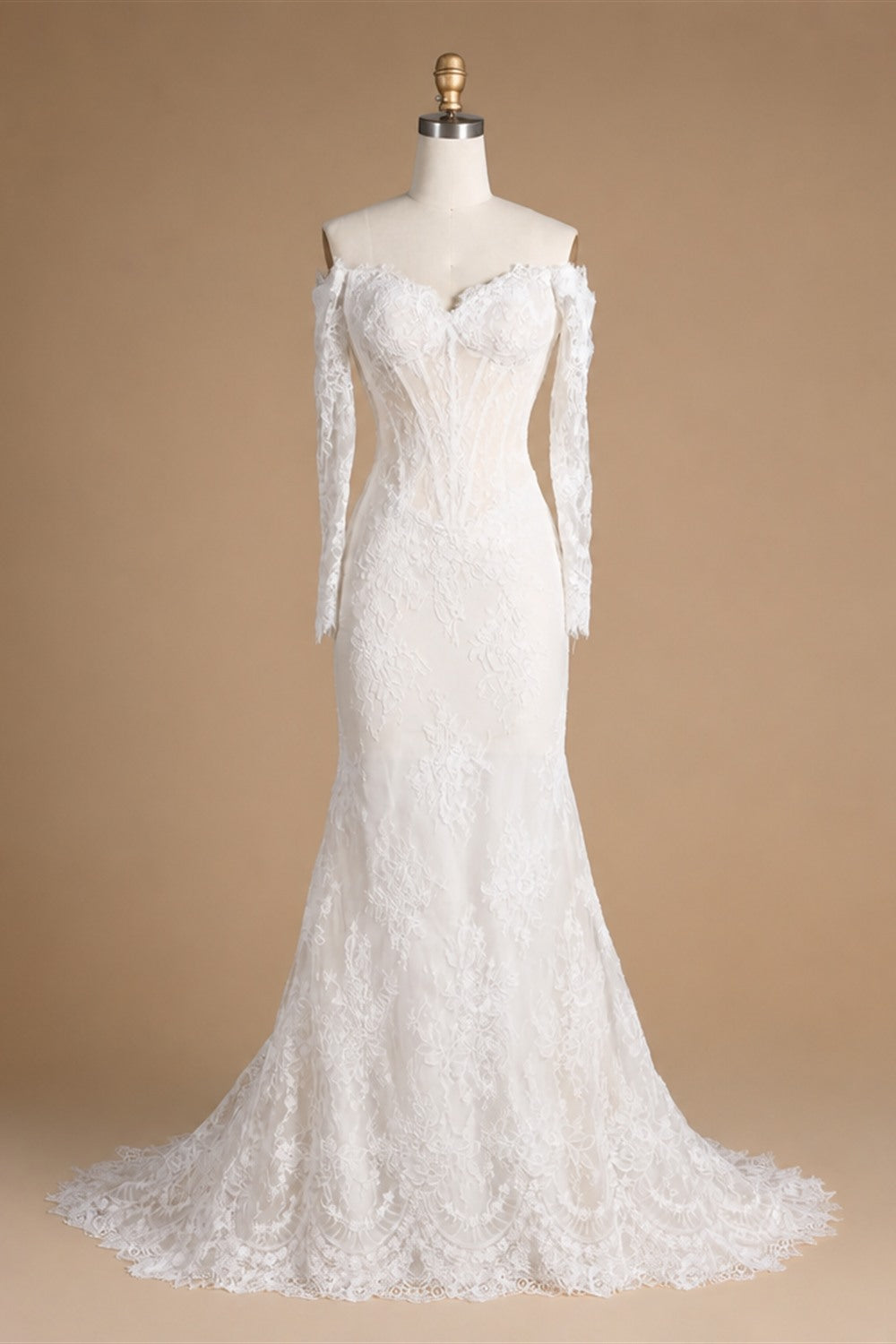 White Lace Mermaid Wedding Dress Off the Shoulder with Detachable Train and Long Sleeves ZP014