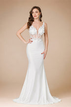 MisShow Elegant Straps White Mermaid Wedding Dresses Lace Pearls Backless V Neck Sleeveless Formal Party Gowns Vestido Marriee