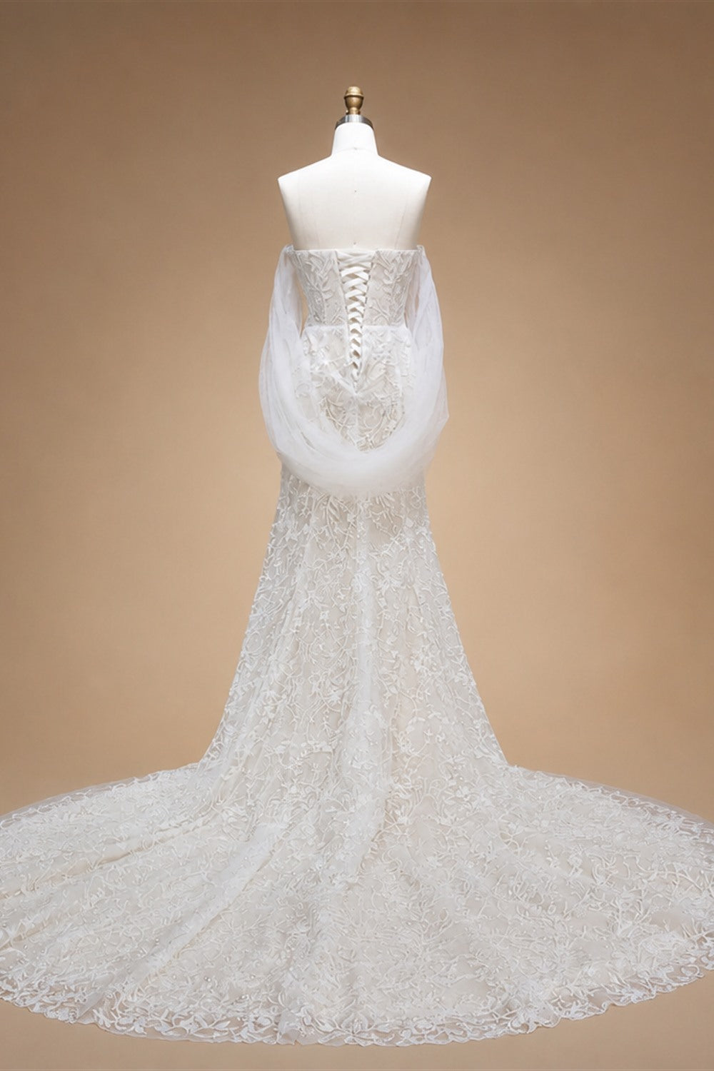 White Nude Lace Mermaid Wedding Dress Luxury Beaded Sequins   Tulle Gloves ZP032