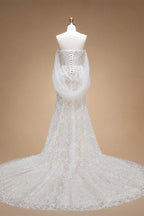 White Nude Lace Mermaid Wedding Dress Luxury Beaded Sequins   Tulle Gloves ZP032