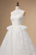 Luxury White A-Line Wedding Dress with Lace Embroidery and Overskirt ZP167