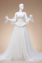 Luxury Ivory Off-the-Shoulder Lace Corset Tulle Train Wedding Dress ZP135