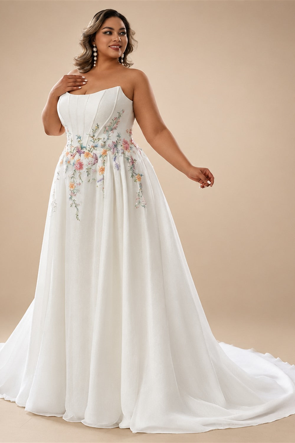 Custom Made Plus Size Strapless Wedding Gown With Lace Appliques