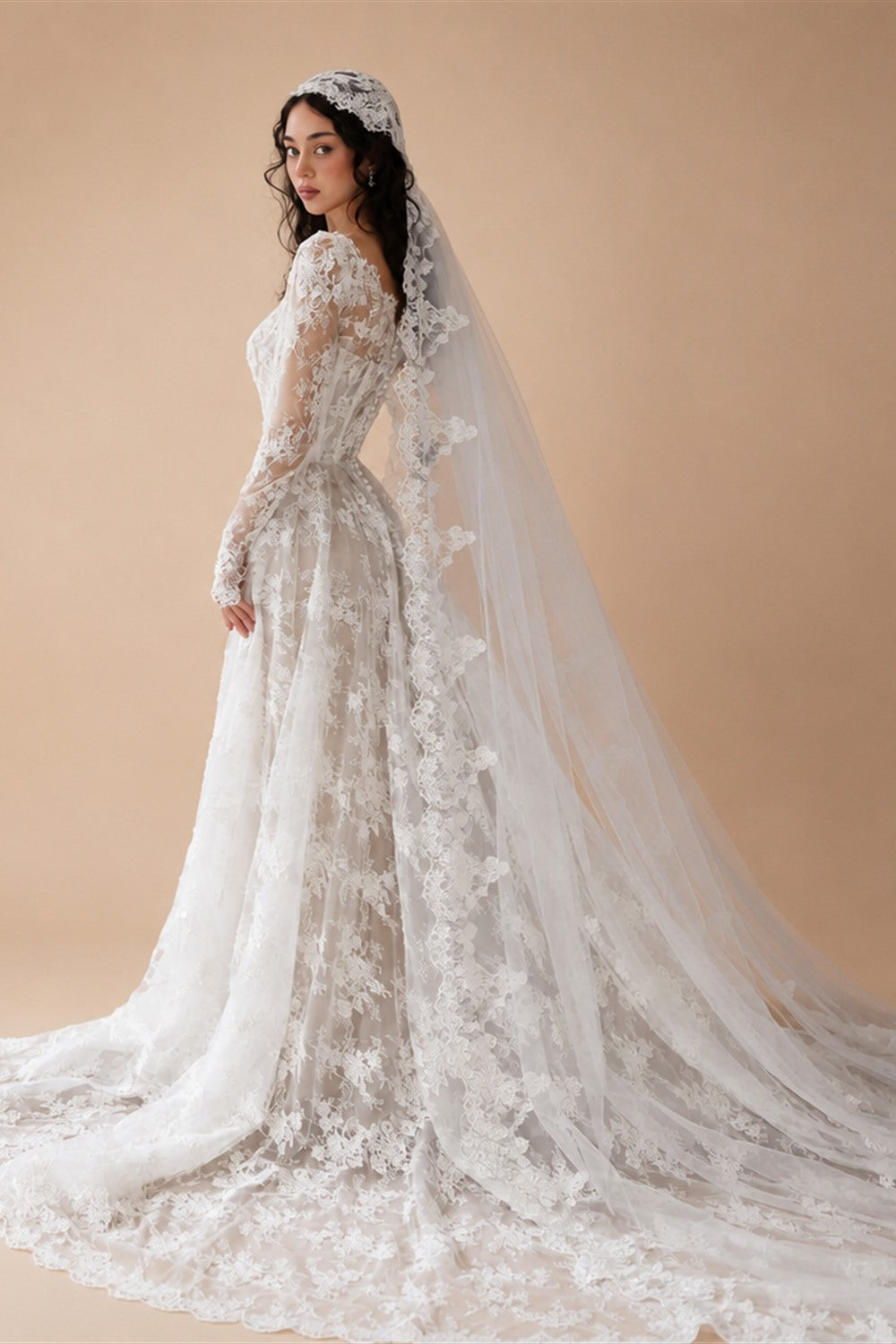 Whimsical Ivory Lace V-Neck Long Sleeve Wedding Dress with Veil ZP106