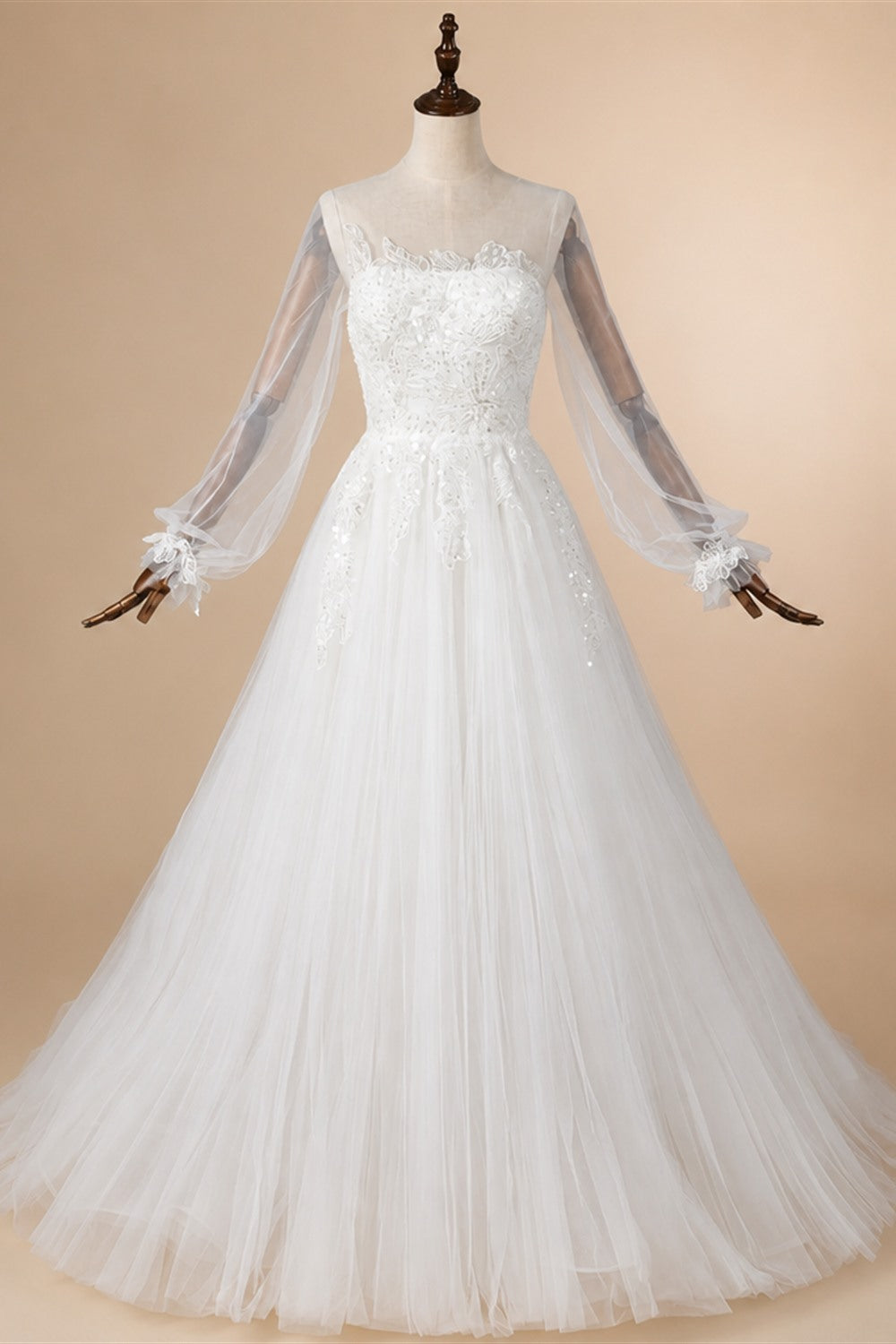 Elegant White Long Sheer Sleeve A-Line Tulle Wedding Dress with Lace Appliqués ZP057