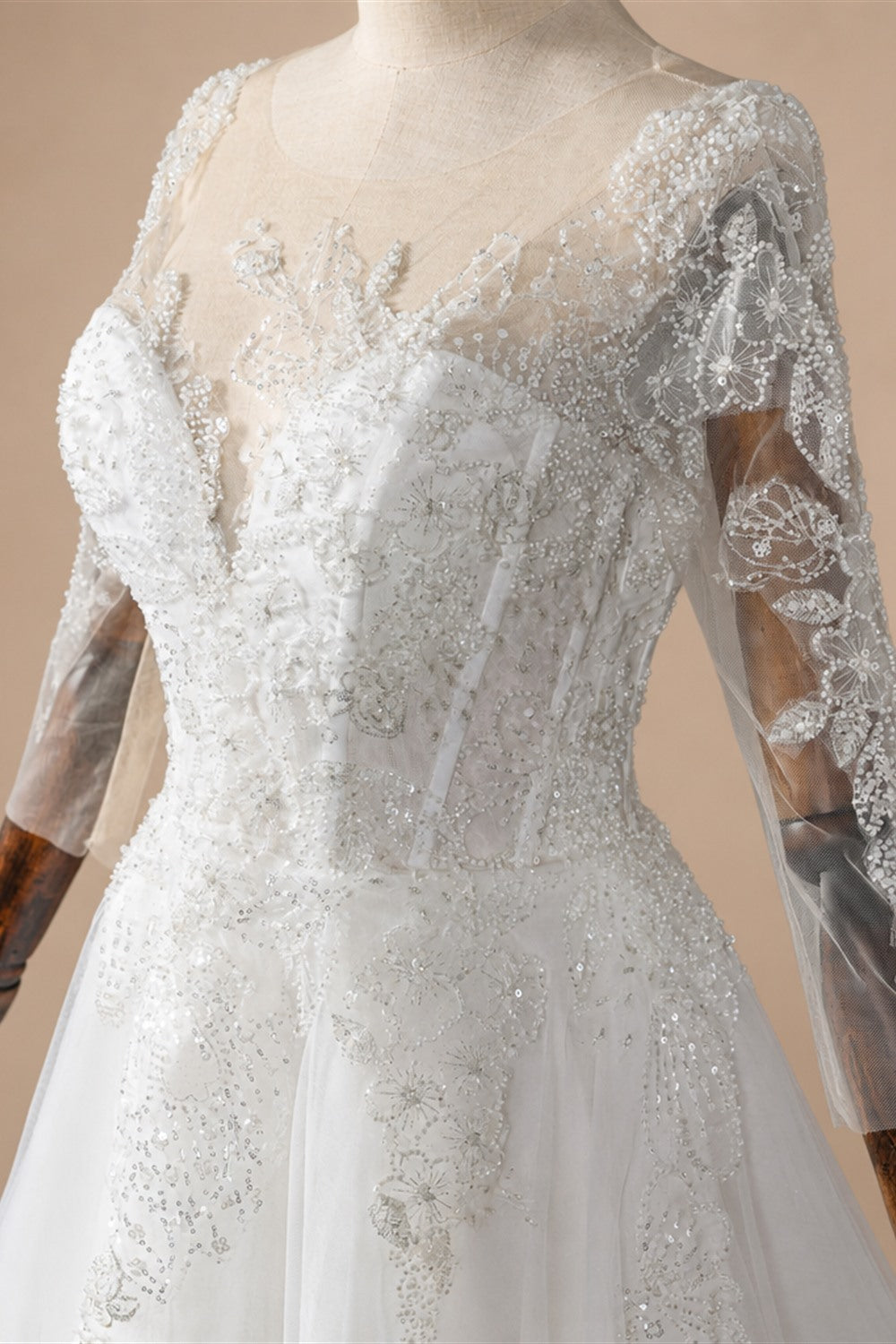 Glamorous White Illusion Neck Lace & Tulle Wedding Dress with Cathedral Train ZP063