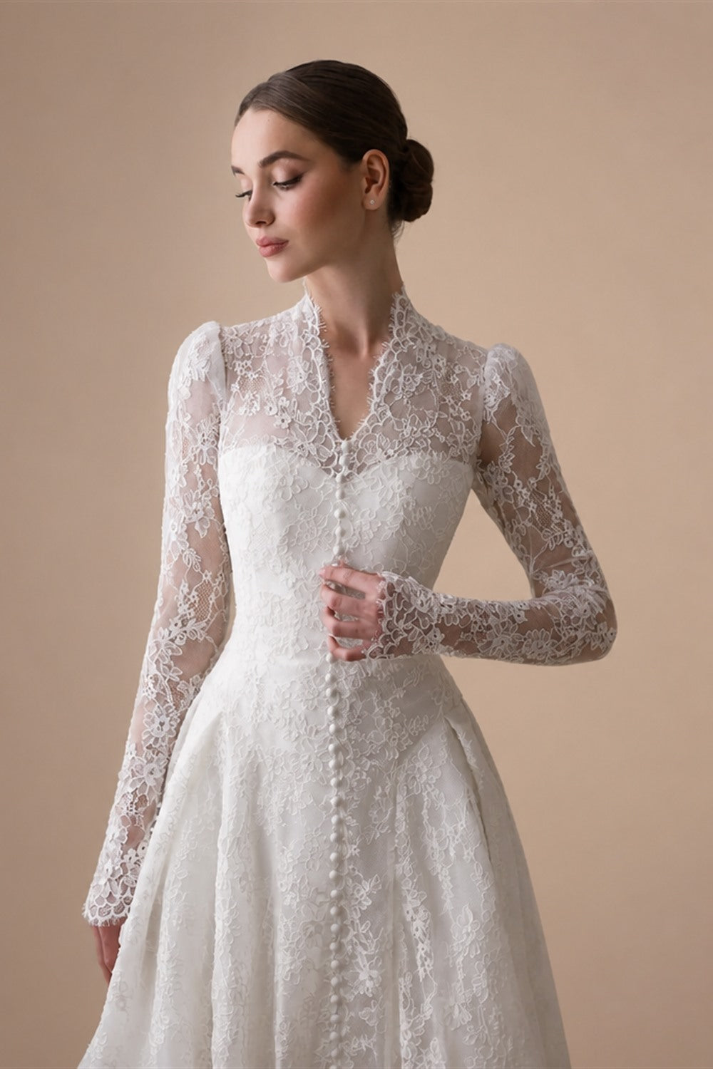 Vintag White Lace High Neck Long Sleeve A-Line Wedding Dress with Train ZP110