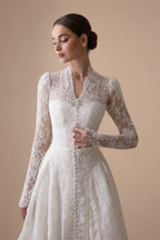 Vintag White Lace High Neck Long Sleeve A-Line Wedding Dress with Train ZP110
