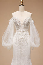 White  Off‑The‑Shoulder Puff Sleeve 3D Floral Mermaid Wedding Dress ZP005