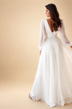 Plus Size Chiffon Wedding Dress With Long Sleeve V Neck And Open Back