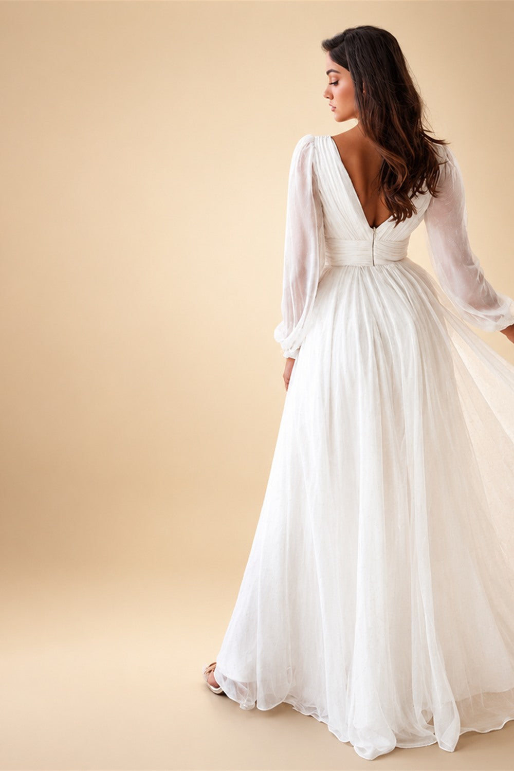 Plus Size Chiffon Wedding Dress With Long Sleeve V Neck And Open Back