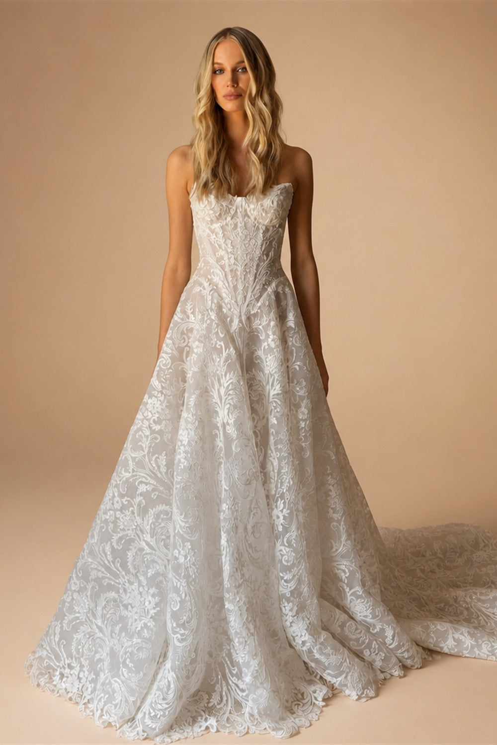 Vintage White Strapless Lace A-Line Wedding Dress with Scalloped Train ZP092
