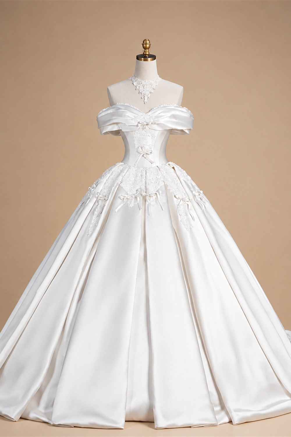 Off the Shoulder White Satin Ball Gown Flower Girl Dress with Long Cathedral Train ZP017