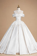 Off the Shoulder White Satin Ball Gown Flower Girl Dress with Long Cathedral Train ZP017