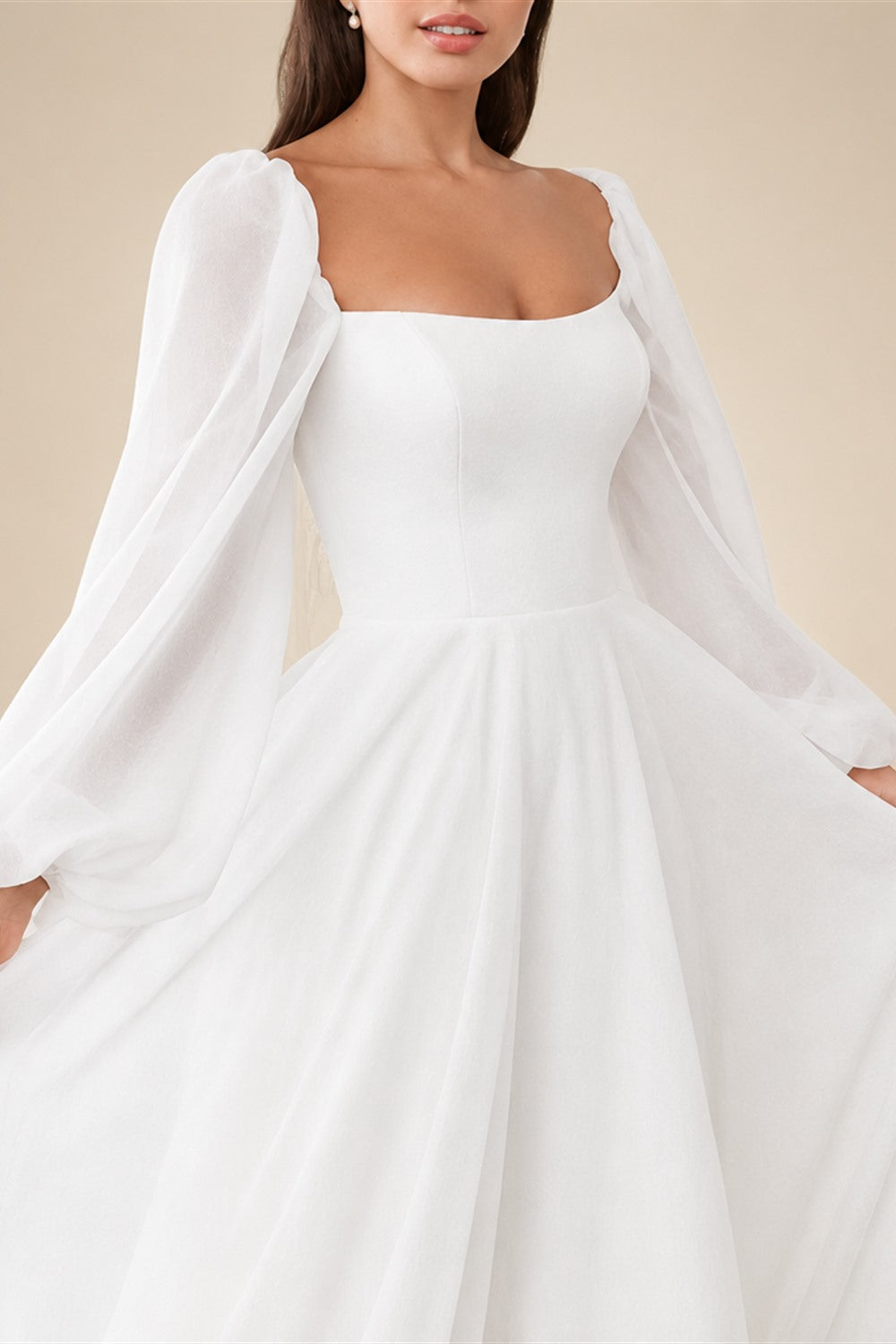 Hall Casual Wedding Dresses A-Line Square Neck Long Sleeve Court Train Chiffon Bridal Gowns With Bow(s) Solid Color