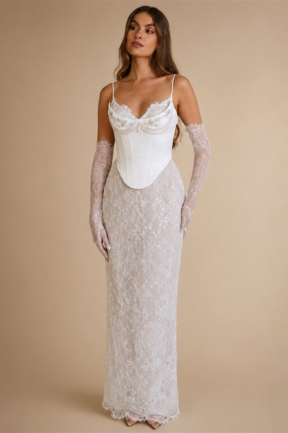 Luxury Off White Lace Corset Sweetheart Mermaid Wedding Dress with Gloves ZP009