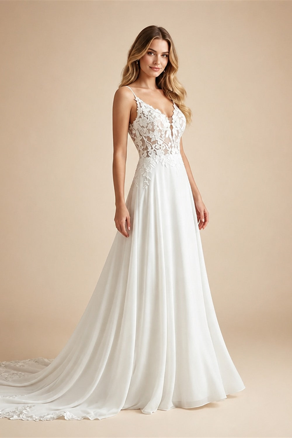 Women's Spaghetti Straps Deep V Backless Wedding Dresses Lace Appliques Chiffon Bridal Gown with Train Elegant Boho Bride Dress