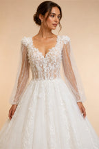 Elegant White V-Neck Long Sleeve Lace-Up Back A-Line Wedding Dress ZP060